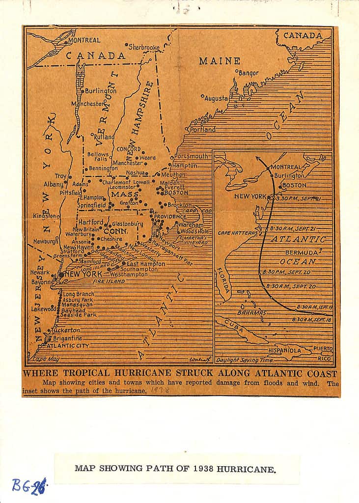 Mappa che mostra il percorso del grande uragano del 1938, il grande uragano del New England, il Long Island Express, il clipper yankee