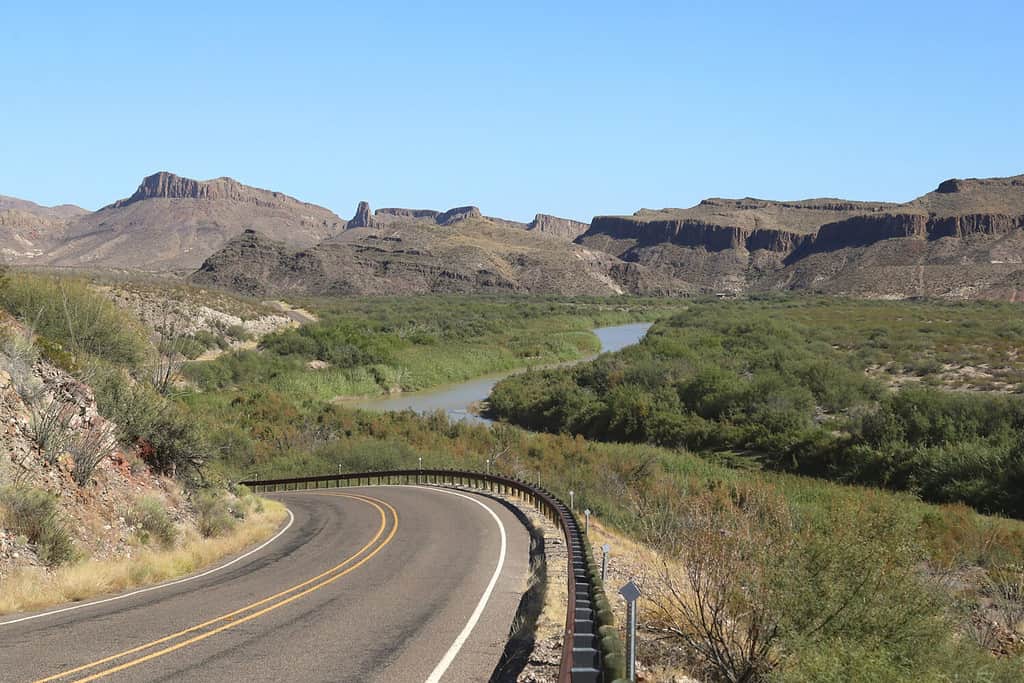 River Road e il fiume Rio Grande vicino al campeggio Grassy Bank, Big Bend Ranch State Park, Texas