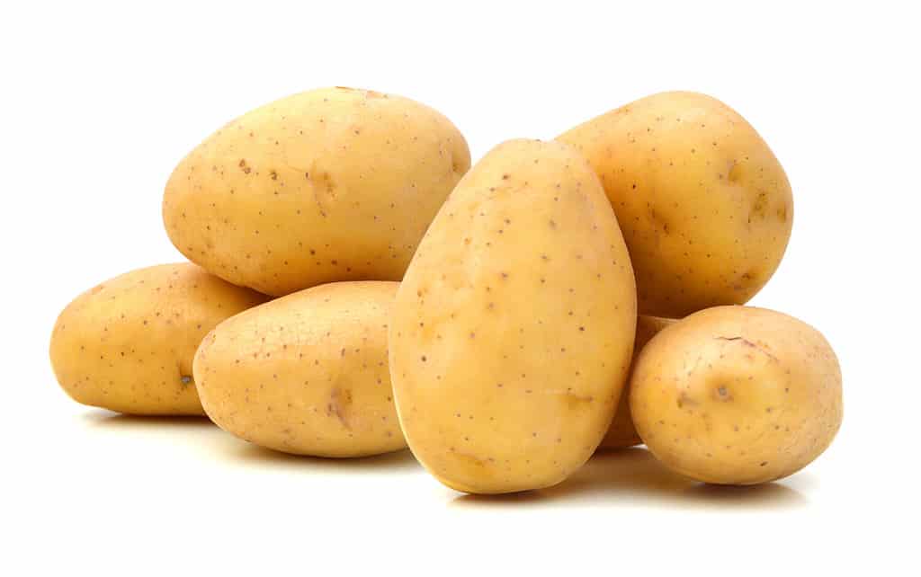 Patate novelle isolate sulla fine bianca del fondo su