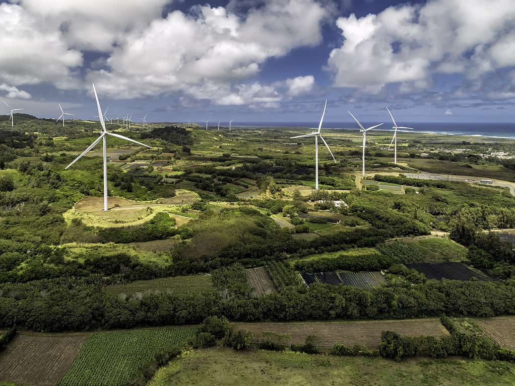 Turbine eoliche nel parco eolico di Kahuku a Oahu, Hawaii.  Cielo blu soleggiato con nuvole bianche