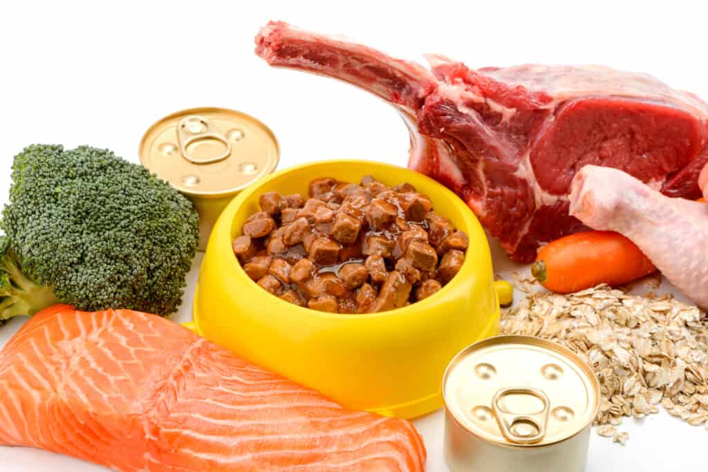 Il cibo per cani in scatola è disponibile in tutti i tipi di varietà.