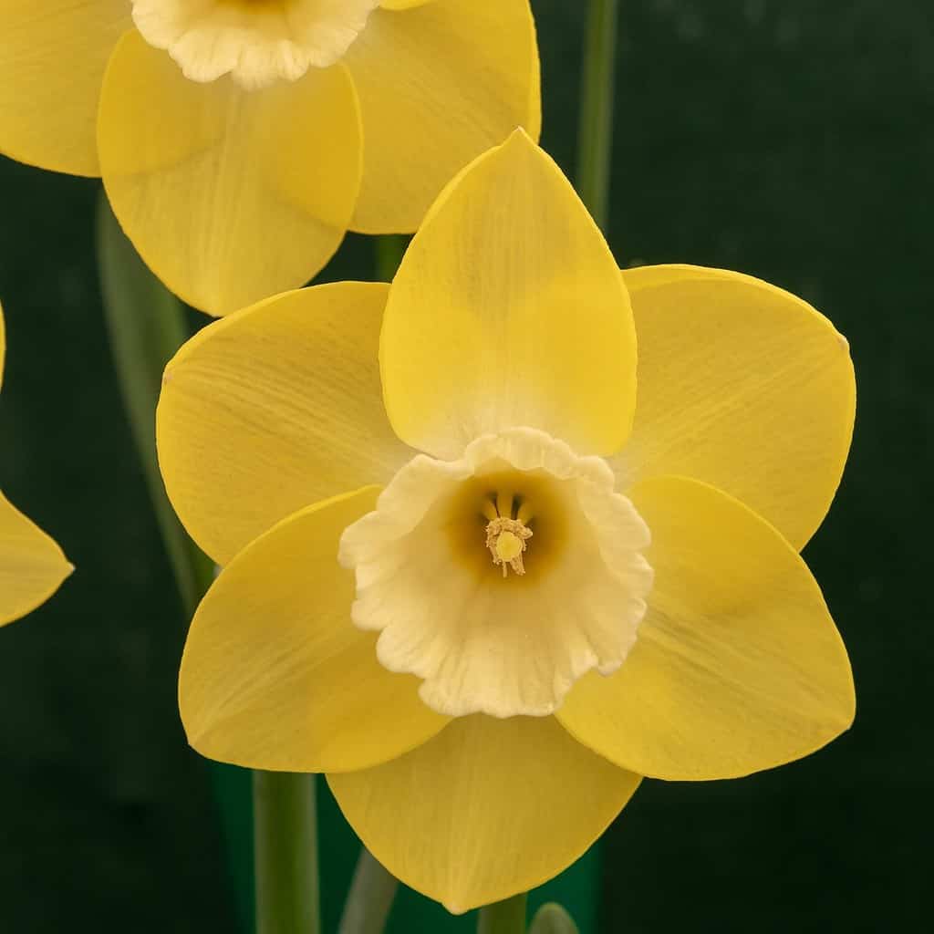 Fiore giallo daffodil Narcissus Flor D'Luna visto primo piano in interni.