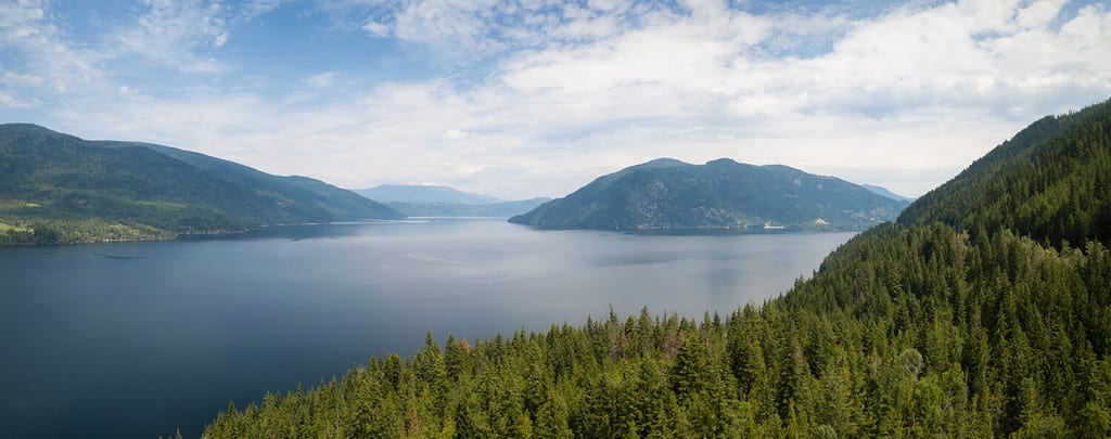 Vista aerea del bellissimo paesaggio canadese durante una vivace giornata estiva soleggiata. Preso vicino al lago Shuswap, Sicamous, BC, Canada.