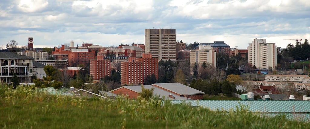Skyline panoramico del campus della Washington State University a Pullman, Washington. La WSU ha una serie di imponenti residenze sul lato sud del campus che costituiscono una grande popolazione studentesca.