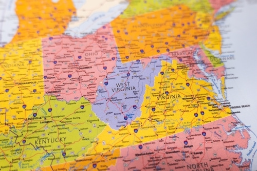 Stato del West Virginia sulla mappa.  Scopri lo stato del West Virginia attraverso questa mappa.  Mappa dello stato del West Virginia con focus selettivo sul nome dello stato