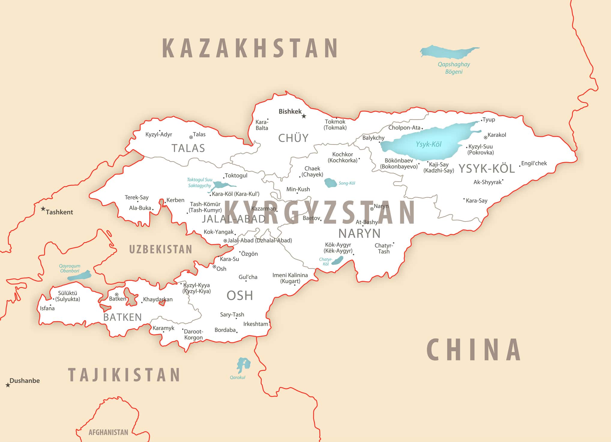 Mappa dettagliata del Kirghizistan con le regioni e le città del paese.