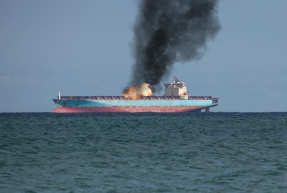 Incendio a bordo di una petroliera in mare. Fuoco e fumo nero a bordo della nave che galleggia sul mare.