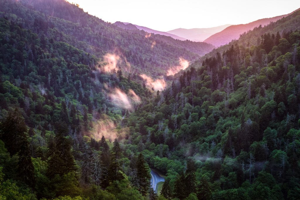 Panorama al tramonto delle Great Smoky Mountains con tortuosa strada di montagna in primo piano