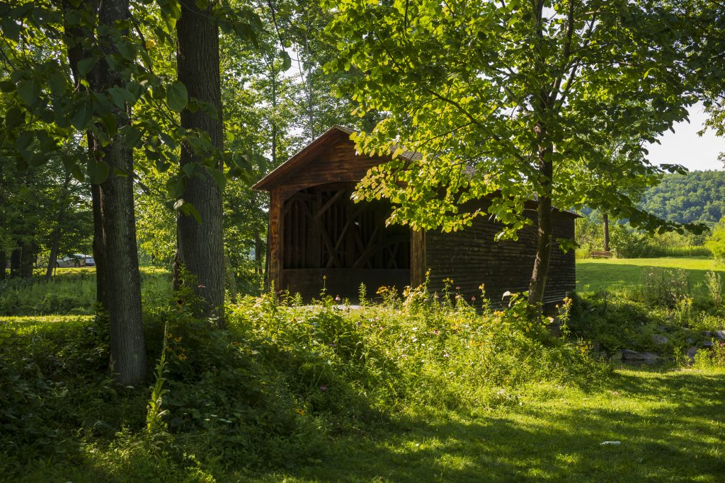 L'Hyde Hall Covered Bridge, costruito nel 1825 ed è il più antico ponte coperto esistente negli Stati Uniti, si trova alla fine di una strada sterrata durante una giornata estiva.