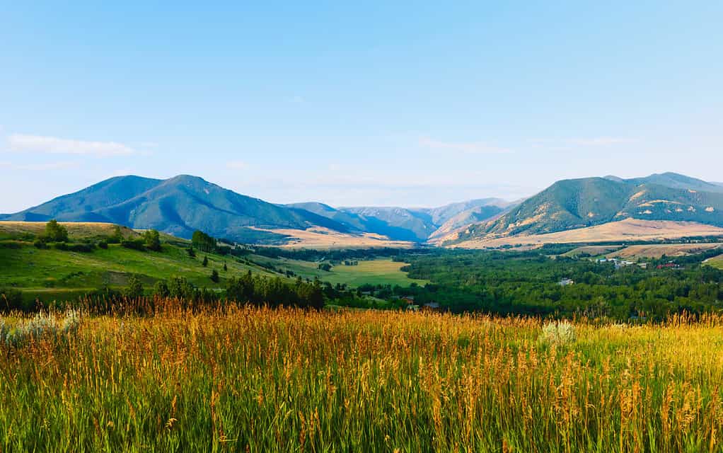 Loggia Rossa, Montana, Stati Uniti. Le colline ai piedi delle montagne Bear Tooth all'alba viste dalla Bear Tooth Mountain Pass Highway in una bella mattinata estiva vicino a Red Lodge, Montana, USA.