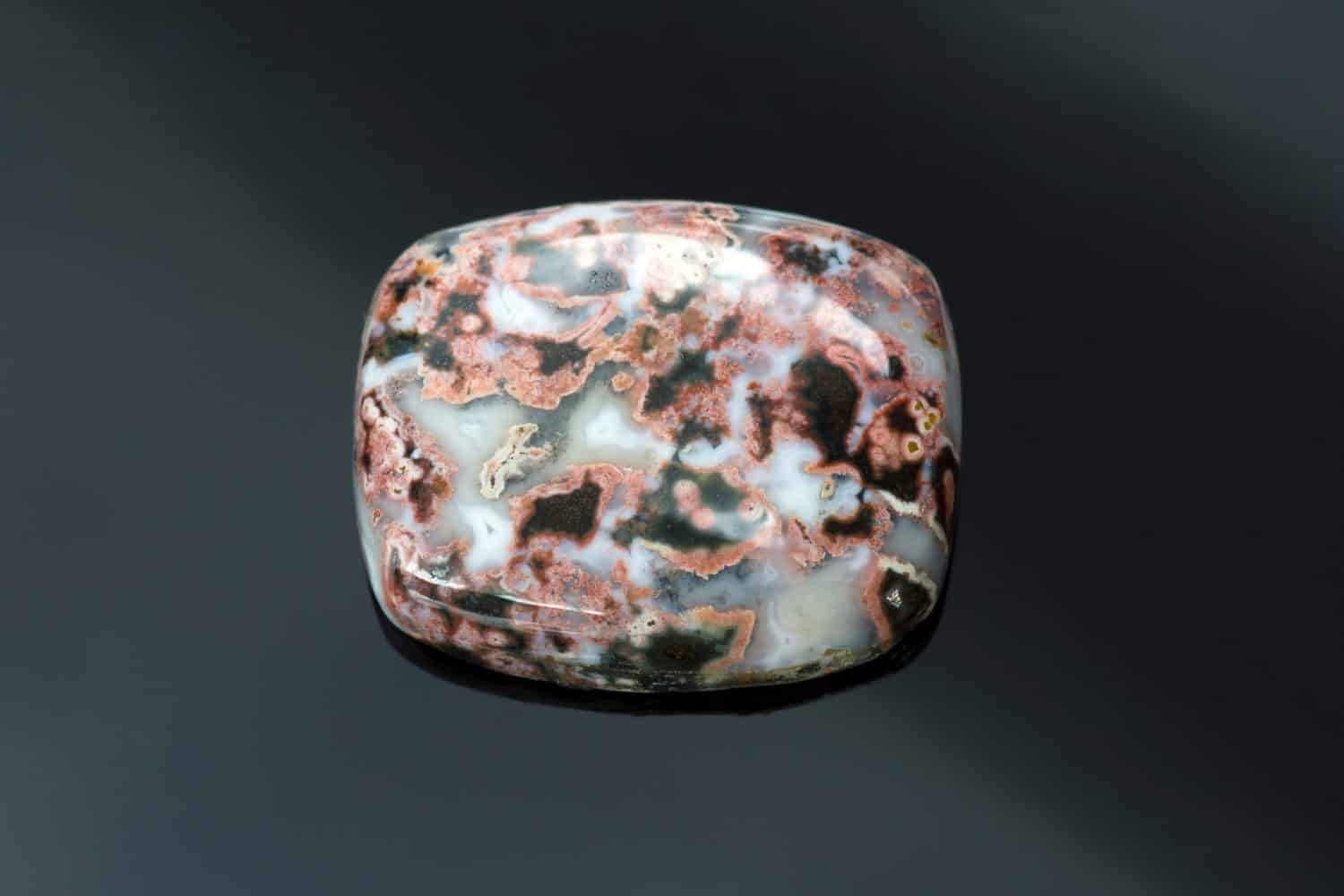 Pietra preziosa lucida sciolta cabochon di diaspro naturale dell'oceano. Gemma opaca a forma di botte con venature nere e rosse su base bianca muschio. Estratto in Madagascar. Gemmologia, mineralogia, lapidaria.