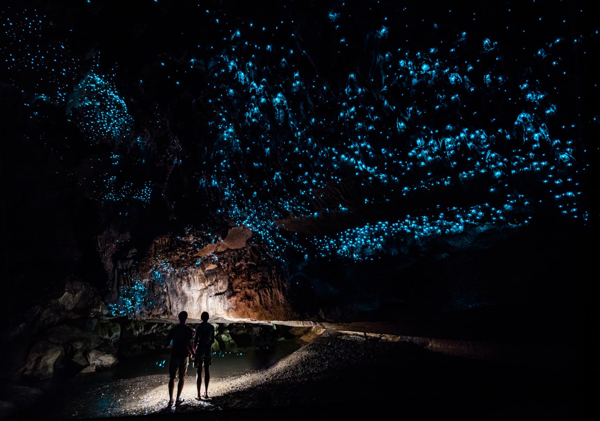 Coppia in piedi sotto il cielo della Glow Worm nella grotta di Waipu, in Nuova Zelanda