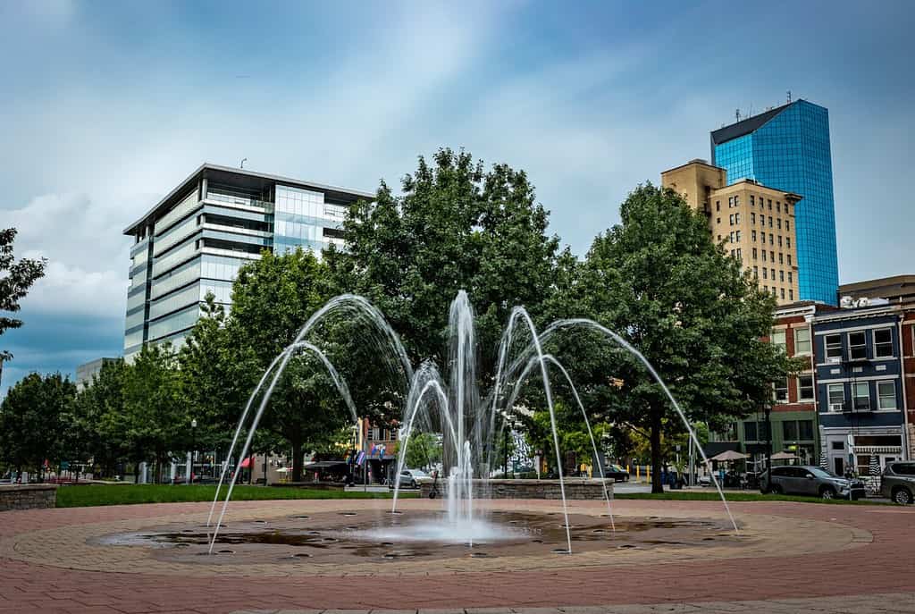 Fontana del centro di Lexington, Kentucky con il quartiere degli affari finanziari della città visibile in lontananza