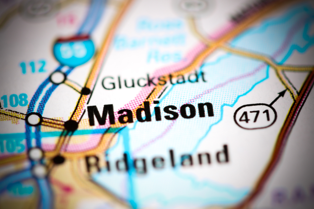 Madison. Mississippi. Stati Uniti su una mappa