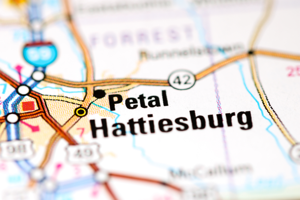 Petalo. Mississippi. Stati Uniti su una mappa