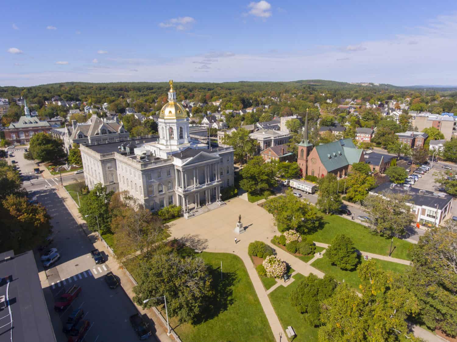 Vista aerea della New Hampshire State House, Concord, New Hampshire NH, Stati Uniti. La New Hampshire State House è la più antica casa statale della nazione, costruita nel 1816-1819.
