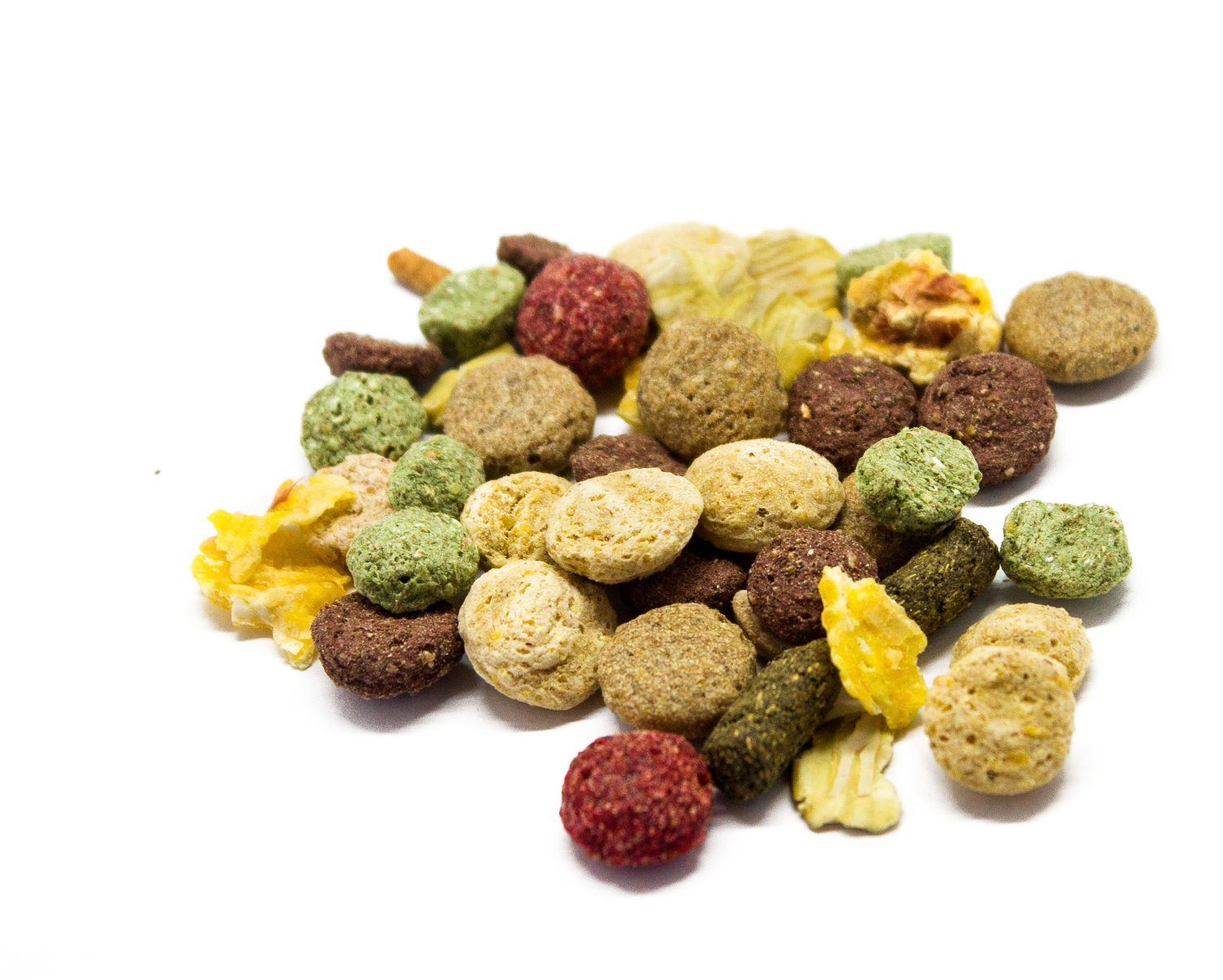 Foraggio per roditori (ratti).  Il mix alimentare di cereali e semi è isolato su uno sfondo bianco