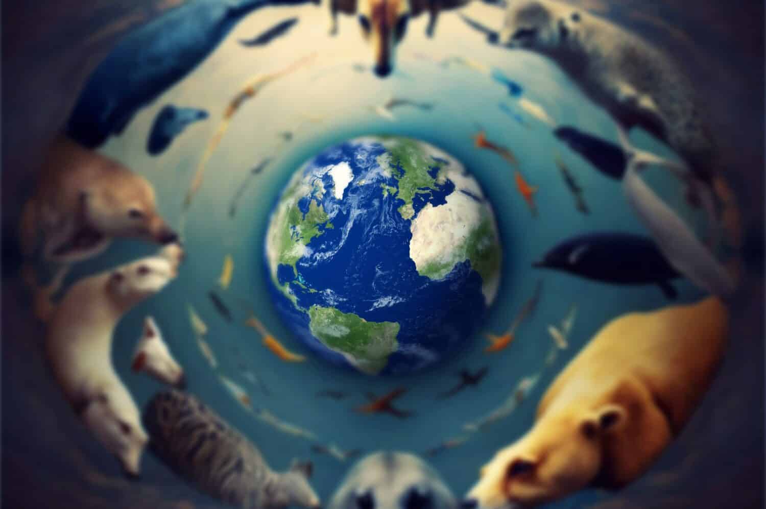Pianeta terra e vari animali. Biodiversità. Protezione ambientale.