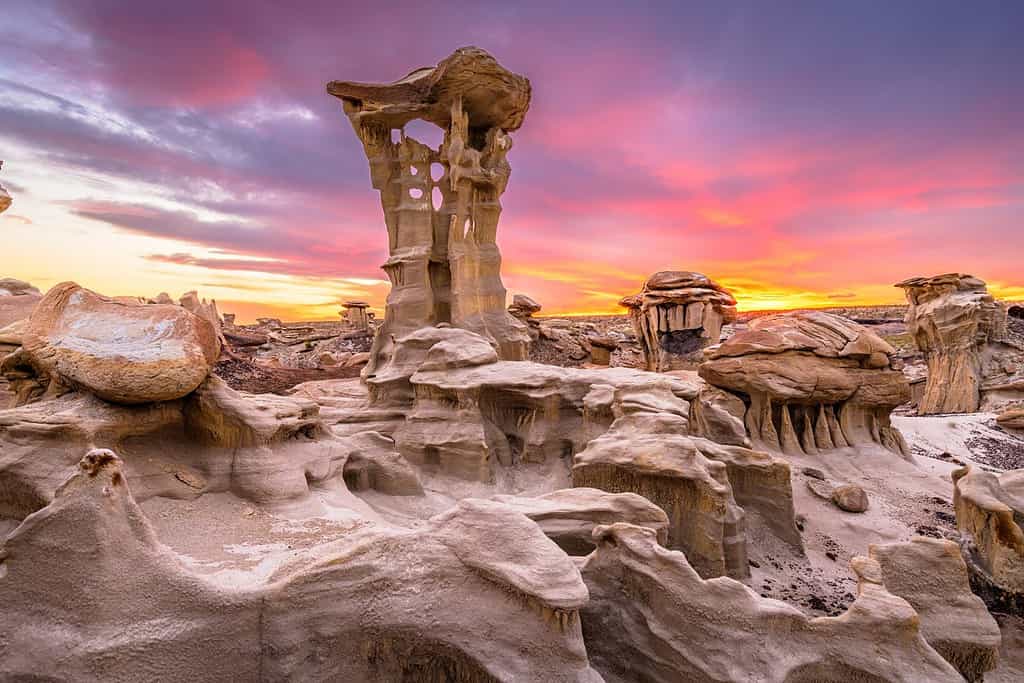 Bisti/De-Na-Zin Wilderness, Nuovo Messico, Stati Uniti al Trono Alieno dopo il tramonto.