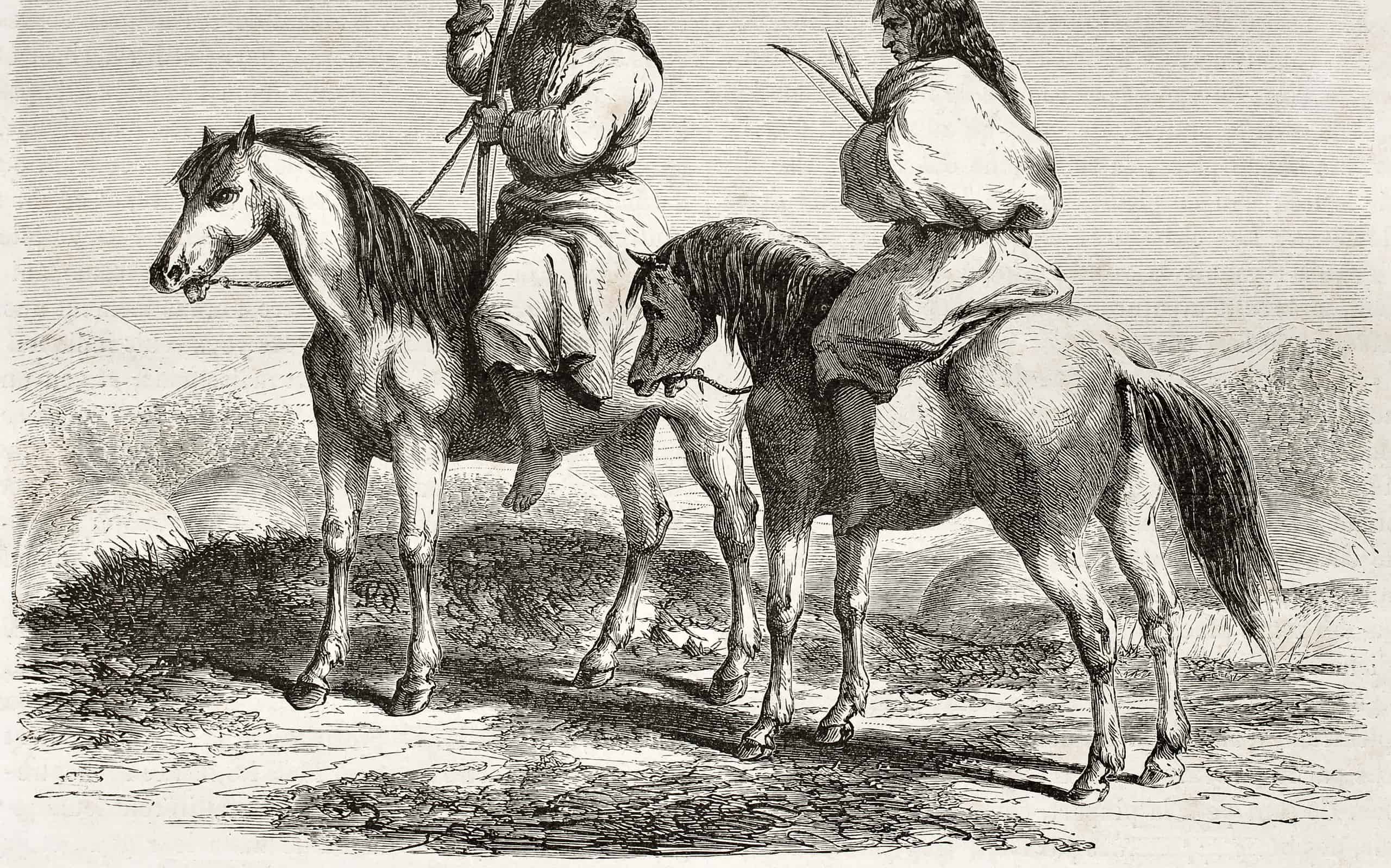 Vecchia illustrazione del popolo Comanche a cavallo. Creato da Duveaux dopo un rapporto redatto sotto la direzione del segretario alla guerra degli Stati Uniti. Pubblicato su Le Tour du Monde, Parigi, 1860