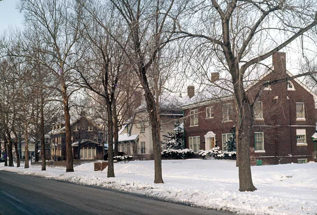 Vista verso ovest lungo East 142nd Street vicino all'incrocio con Grand Boulevard, che mostra grandi case unifamiliari su una strada residenziale alberata.  Washington Park (non visibile) si trova dall'altra parte della strada rispetto a queste case.  Il quartiere di Washington Park si è sviluppato intorno a Washington Park, nella parte sud di East Chicago.