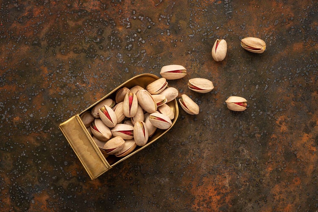 Vista dall'alto di pistacchi interi in una paletta di ottone su uno sfondo rustico