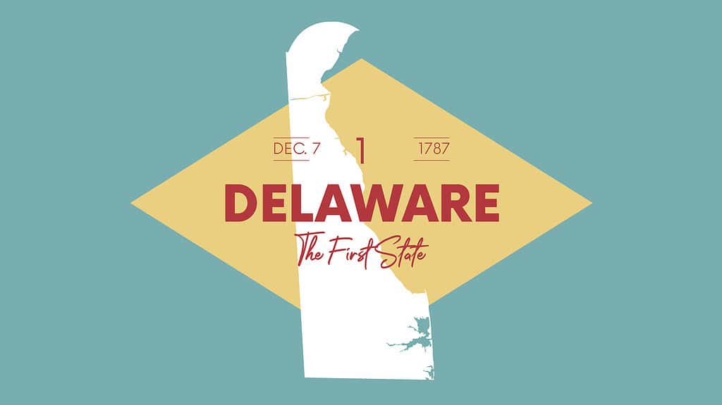1 dei 50 stati degli Stati Uniti con nome, soprannome e data di ammissione all'Unione, mappa vettoriale dettagliata del Delaware per la stampa di poster, cartoline e magliette