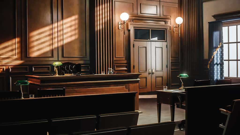 Aula di tribunale vuota in stile americano.  Stand di prova della Corte Suprema di Diritto e Giustizia.  Tribunale prima dell'inizio dell'udienza della causa civile.  Grandiosi interni in legno con banco del giudice, tavoli dell'imputato e del querelante.