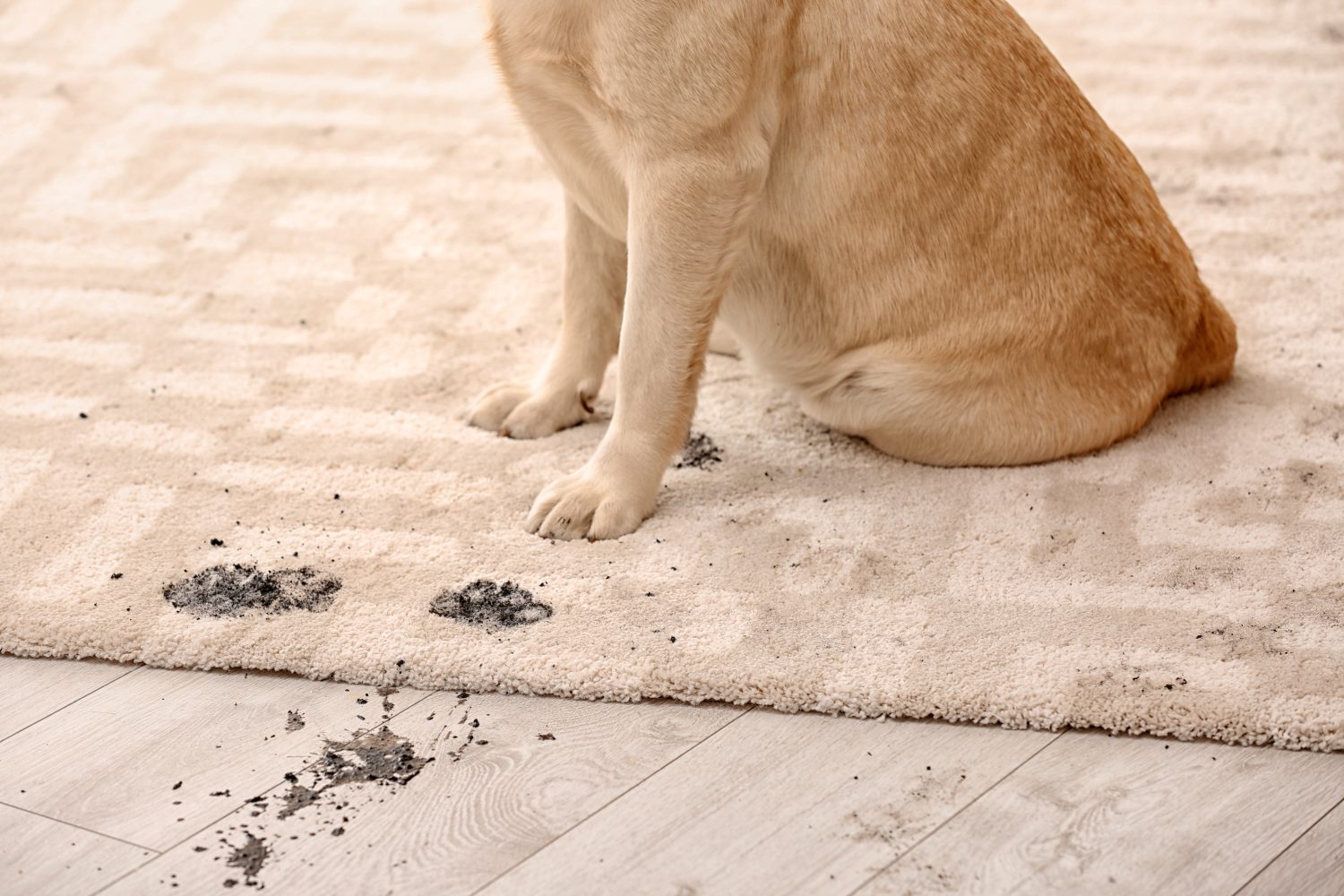 Cane carino che lascia impronte di zampe fangose sul tappeto