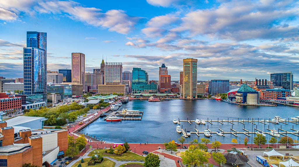 Baltimora, Maryland, Stati Uniti d'America Downtown Skyline aerea