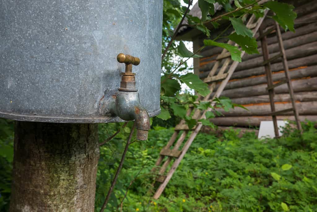 Frammento di paesaggio rurale. In primo piano c'è un lavabo in metallo con rubinetto in ottone. Il muro di una casa in legno con una scala inclinata. Il sito è ricoperto di erba verde.