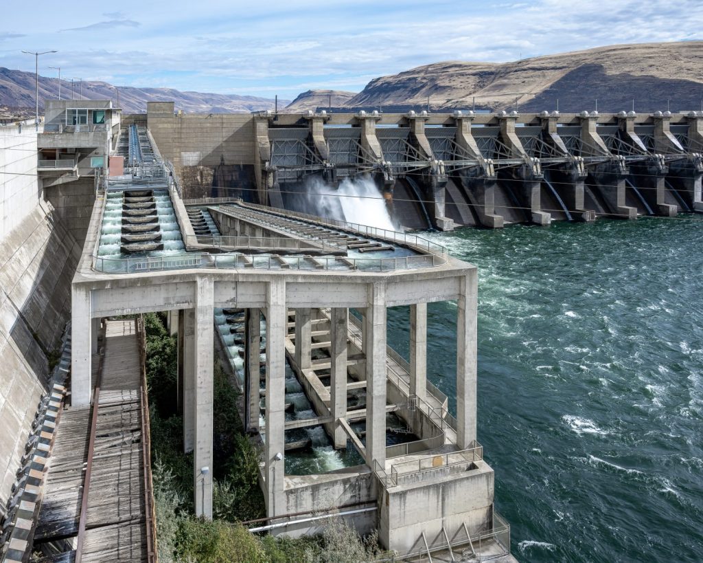 La Fish Ladder presso la diga di John Day fornisce il passaggio a monte per salmoni, teste iridee, storioni e anguille nel fiume Columbia.