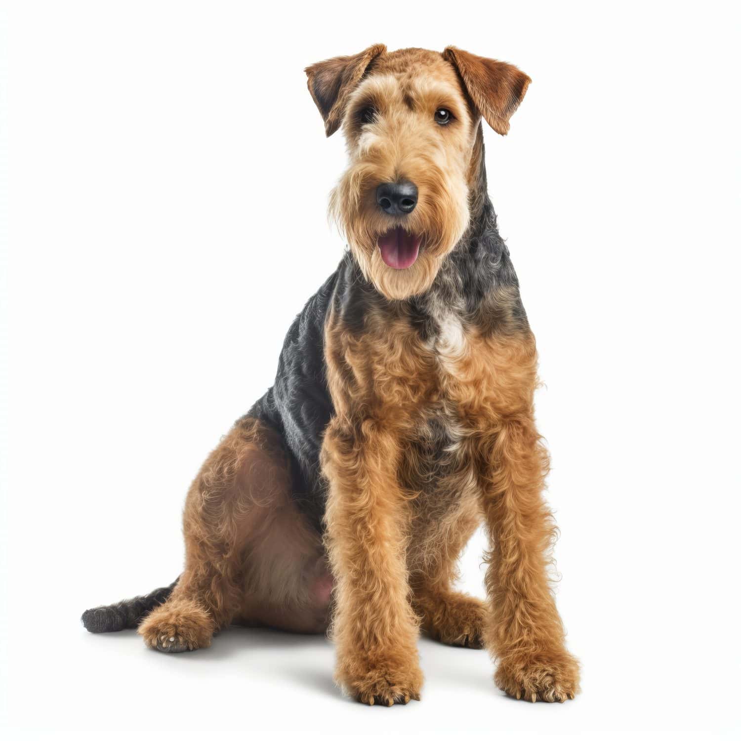 Airedale Terrier Corpo intero rivolto in avanti chiaro con sfondo bianco, foto di alta qualità
