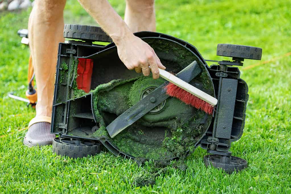 uomo con la spazzola che pulisce il tosaerba dall'erba vecchia