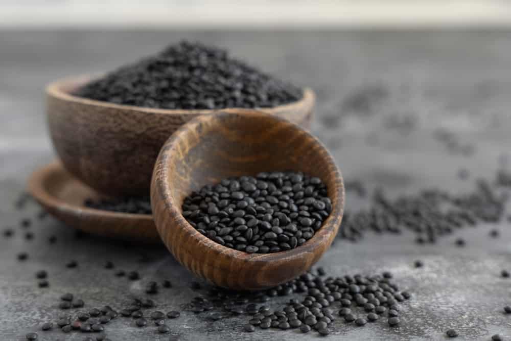 Ciotole di legno di fagioli di lenticchie beluga nere sul tavolo grigio da vicino. Alimentazione sana, fonte proteica per la dieta vegana e vegetariana. Ingrediente tradizionale della cucina asiatica e nordafricana