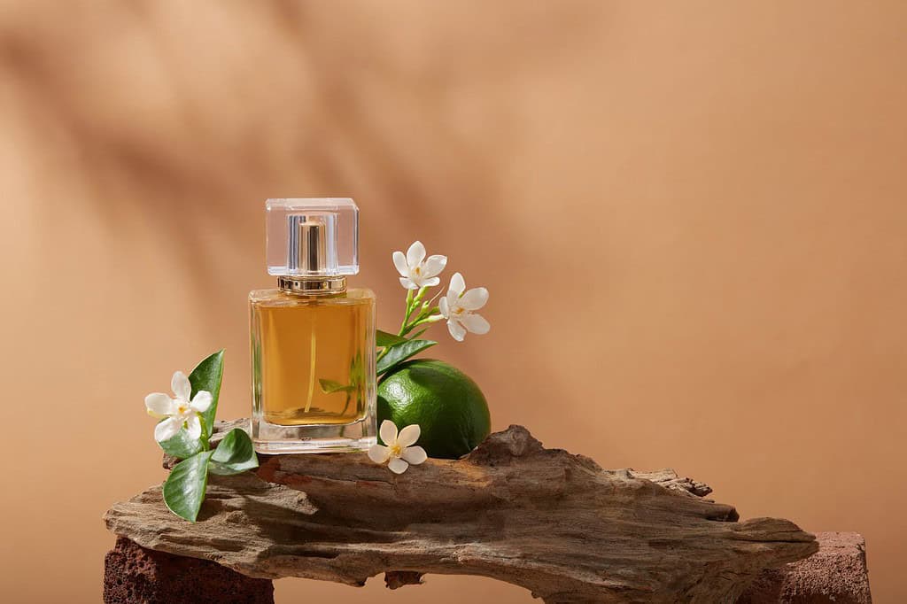 Vista ravvicinata di un ramo di albero con lime, diversi fiori bianchi e una bottiglia di vetro di profumo contenente liquido giallo di estratto di lime (Citrus aurantiifolia). Etichetta vuota per il modello di branding