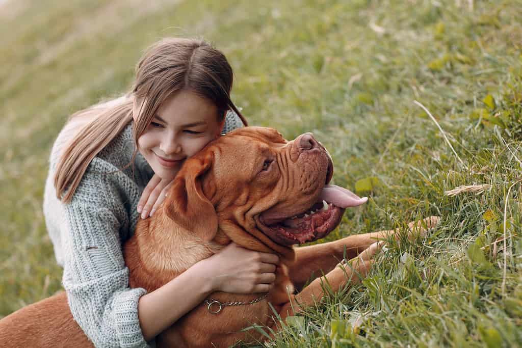 Dogue de Bordeaux o mastino francese con la giovane donna sul prato del parco all'aperto.